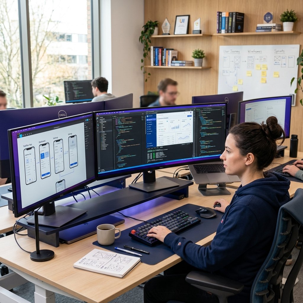 Software engineer designing and developing an application across multiple desktop monitors